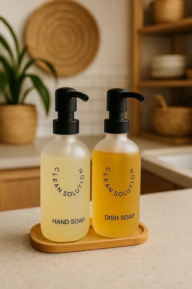 2' li Amber Bambu Altlıklı Cam Sıvı Sabunluk Seti 500 ml - Bambu Standlı Sabunluk Seti