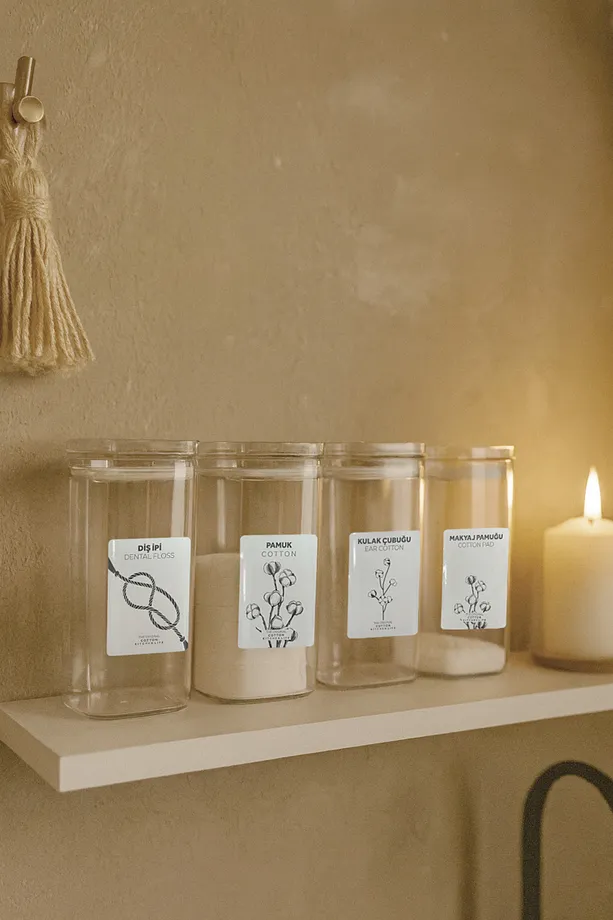 4 lü Akrilik Kapaklı Cam Diş İpi Makyaj Pamuğu Kulak Çubuğu Pamuk Organizeri- Saklama Kutusu