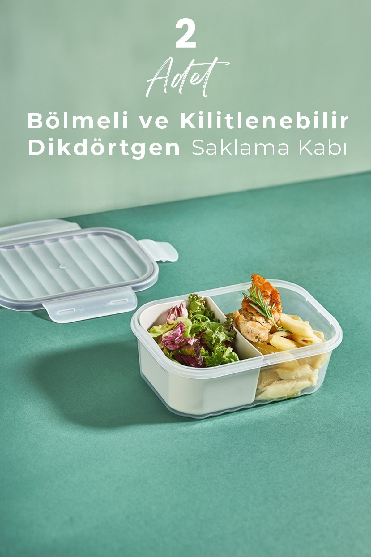 2 Adet 2 Bölmeli 1lt Kilitli Sızdırmaz Kapaklı Saklama Kabı - Kahvaltılık - Beslenme Kabı -1000 ML