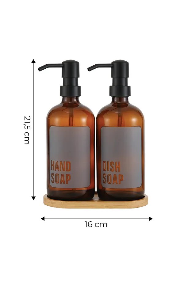 2' li Amber Bambu Altlıklı Cam Sıvı Sabunluk Seti 500 ml - Bambu Standlı Sabunluk Seti