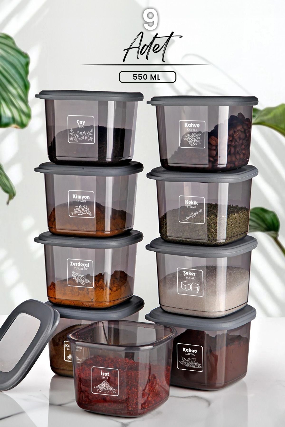 Avantajlı 9'lu Antrasit Etiketli ve Kaşıklı Boly Kare Saklama Kabı Seti 550ml - Çoklu Set Yapılabilen Set Erzak Kavanoz