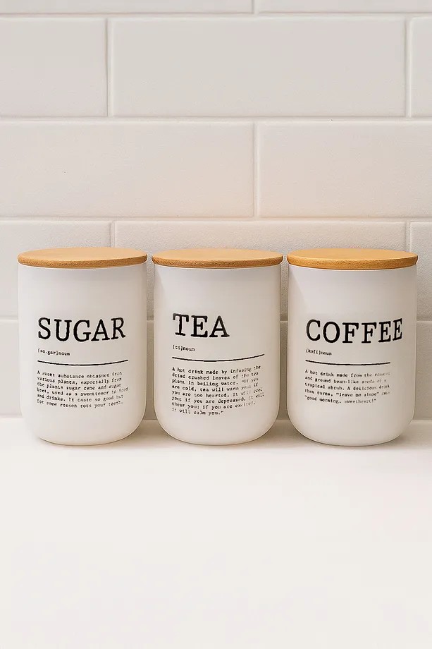 3'Lü Vakumlu Bambu Kapaklı Beyaz Tea Coffee Sugar Kavanoz Seti 900 Ml - Çay,Şeker,Kahve Kavanozu
