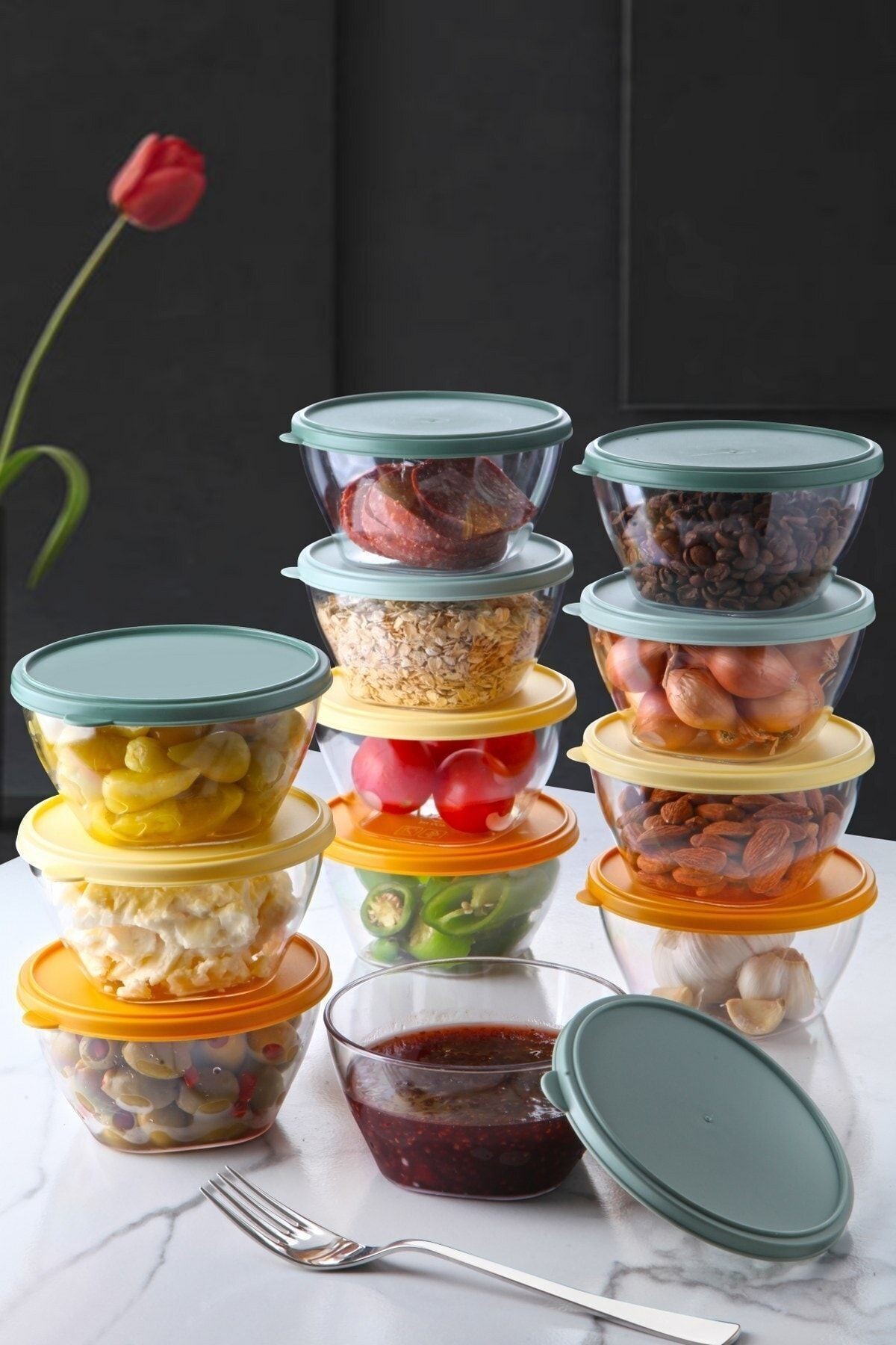 12'li Aura Kapaklı Kahvaltılık Kase Saklama Kabı Seti (400 ml x 12) Akrilik