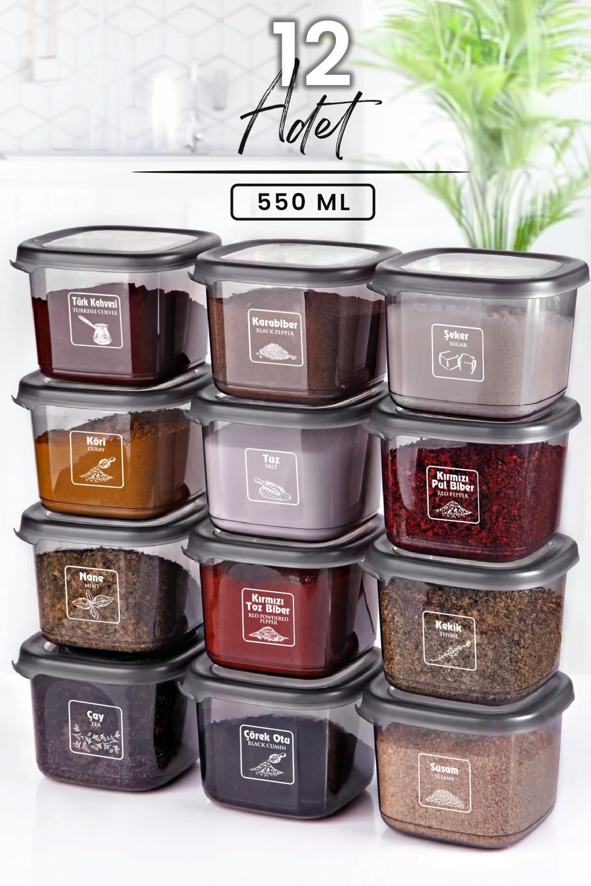 12 Adet Etiketli Antrasit Baharatlık Seti -550 ml - 12 li Saklama Kabı Seti