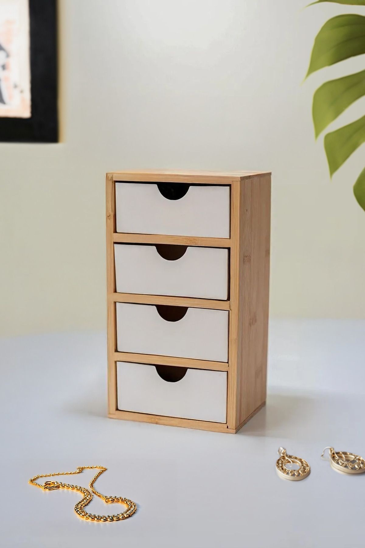 Mini 4 Çekmeceli Bambu Ofis Makyaj ve Takı Düzenleyici Organizeri / Kolye Yüzük Saat Düzenleyici
