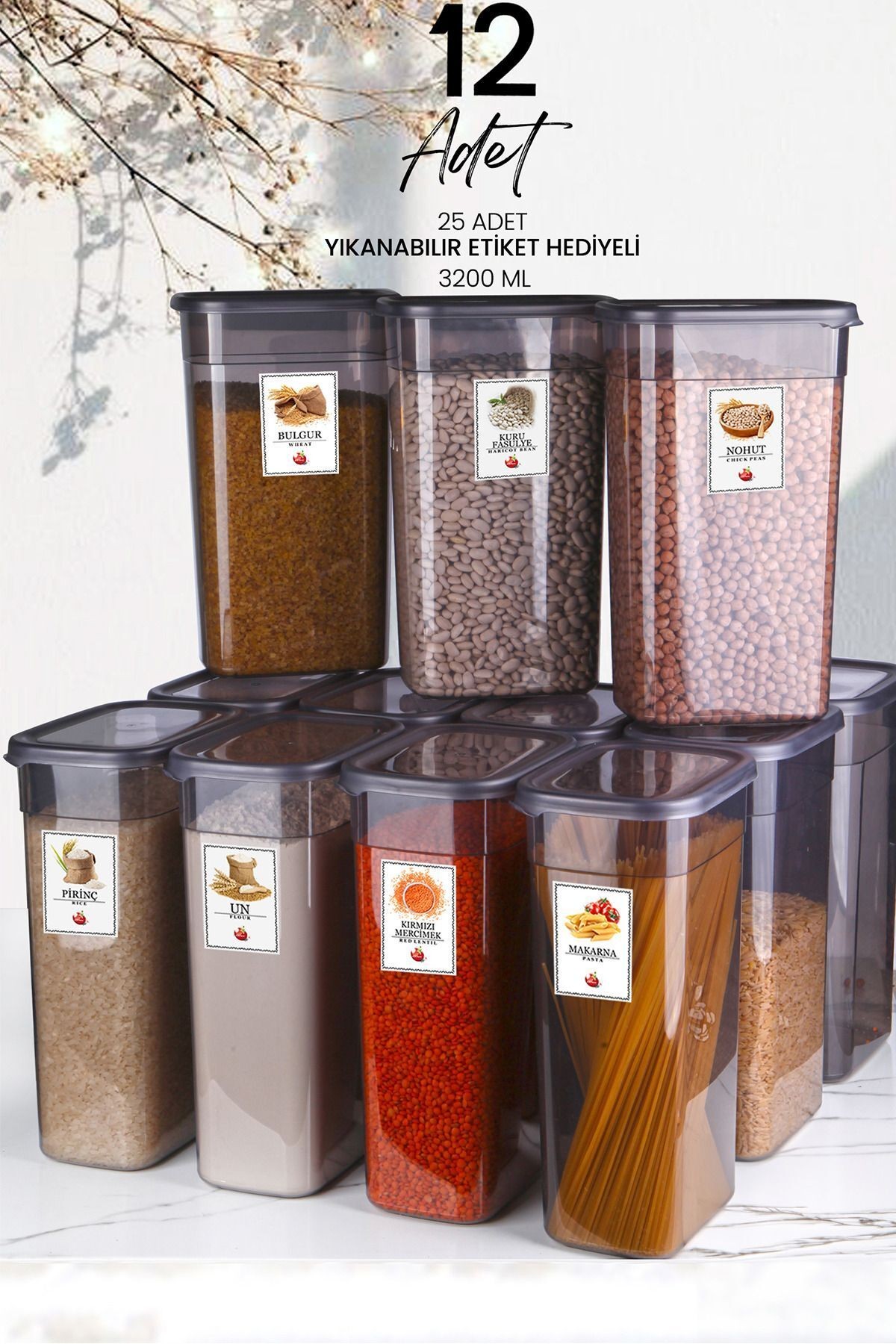 12 Adet Etiketli Jumbo Boy Dikdörtgen Moly Saklama Kabı Seti - 3200 ml Süper Set