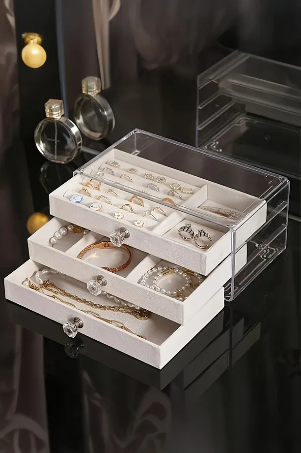 Kadife 3 Çekmeceli Modern Akrilik Takı Mücevher Kutusu Şeffaf Akrilik Organizer