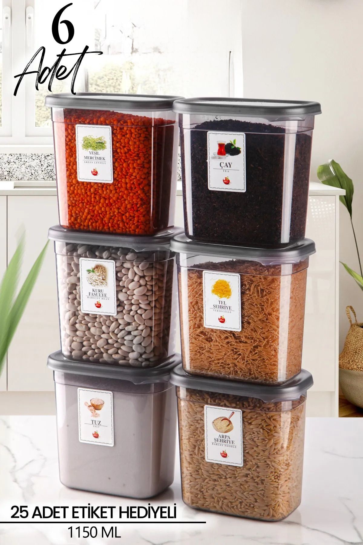 6'lı Etiketli Moly Dikdörtgen Erzak Saklama Kabı Seti 1150ml - Baharatlık