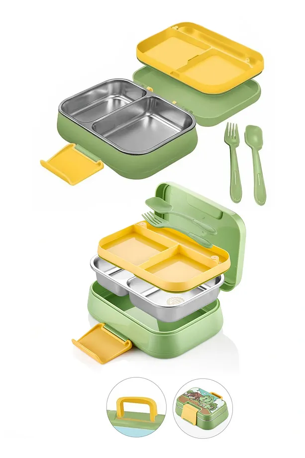 Happii Vakumlu 4 Bölmeli Paslanmaz Çelik Çocuk Beslenme Kabı - Dinazor Desenli Yemek Kutusu