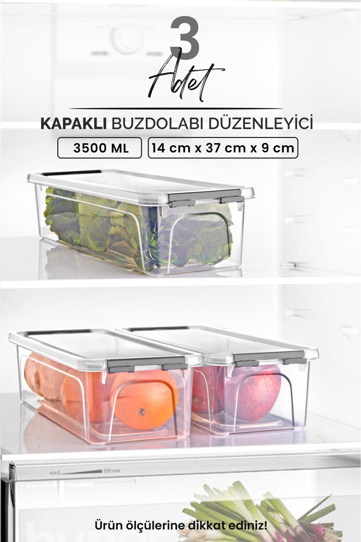 3'lü Kilitli Kapaklı Buzdolabı Düzenleyici Seti - Dolap Düzenleyici -Saklama Kabı Kutusu  3500 ML