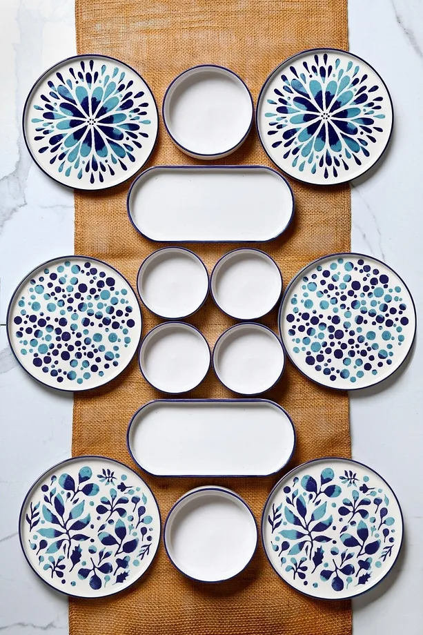 14 Parça 6 Kişilik Stackable Blue Etnik Kahvaltı Takımı - Lüx Kahvaltılık Sunum Seti Tabağı