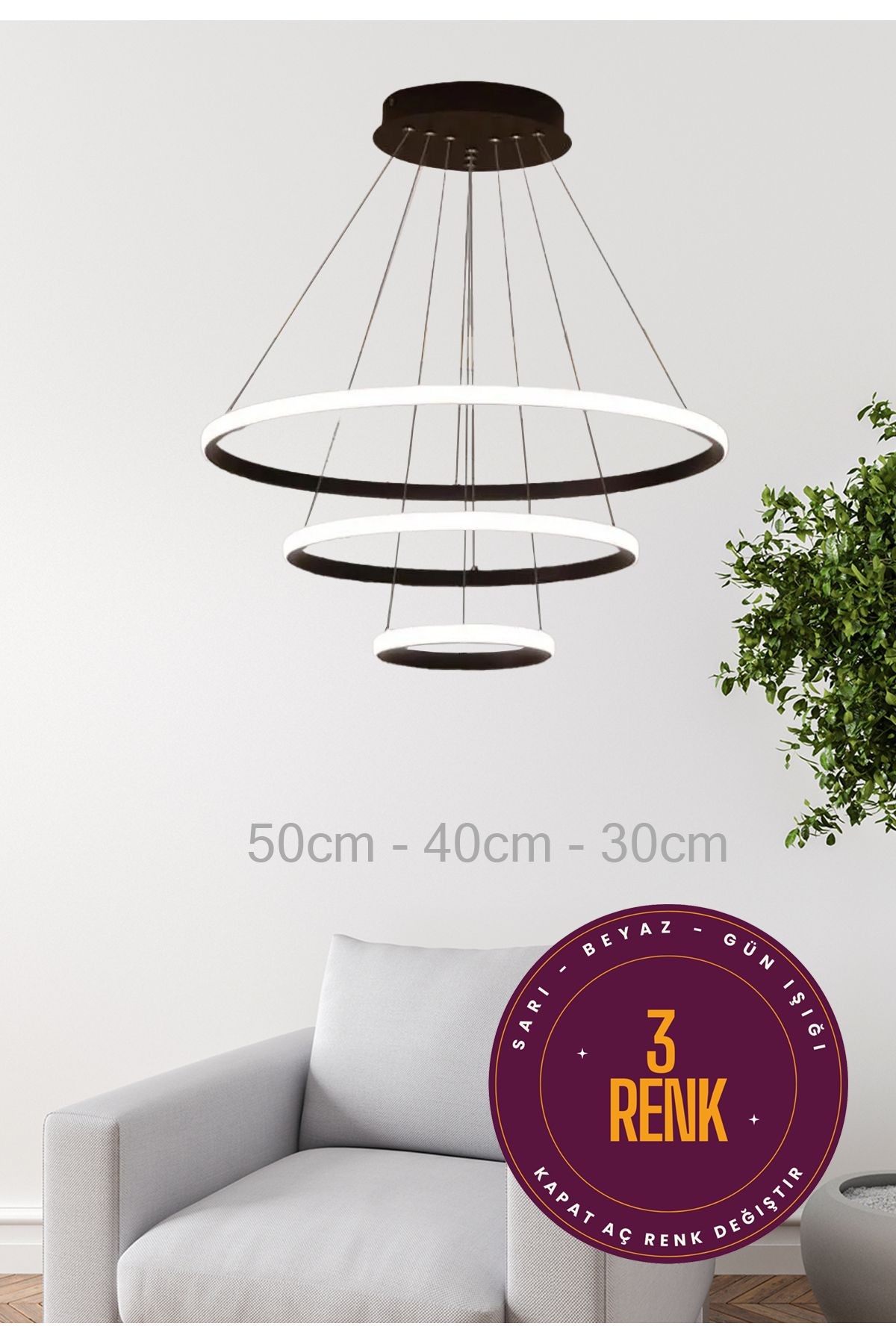 3 Renk Özellikli  Modern Siyah Kaplamalı Mutfak Salon Avize - Led Avize