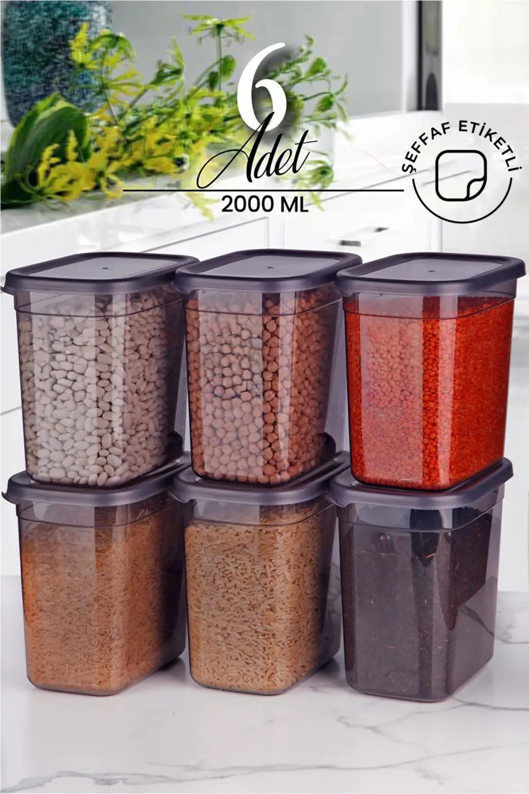 6'lı Antrasit Dikdörtgen Saklama Kabı Seti 2000ml - Çoklu Set
