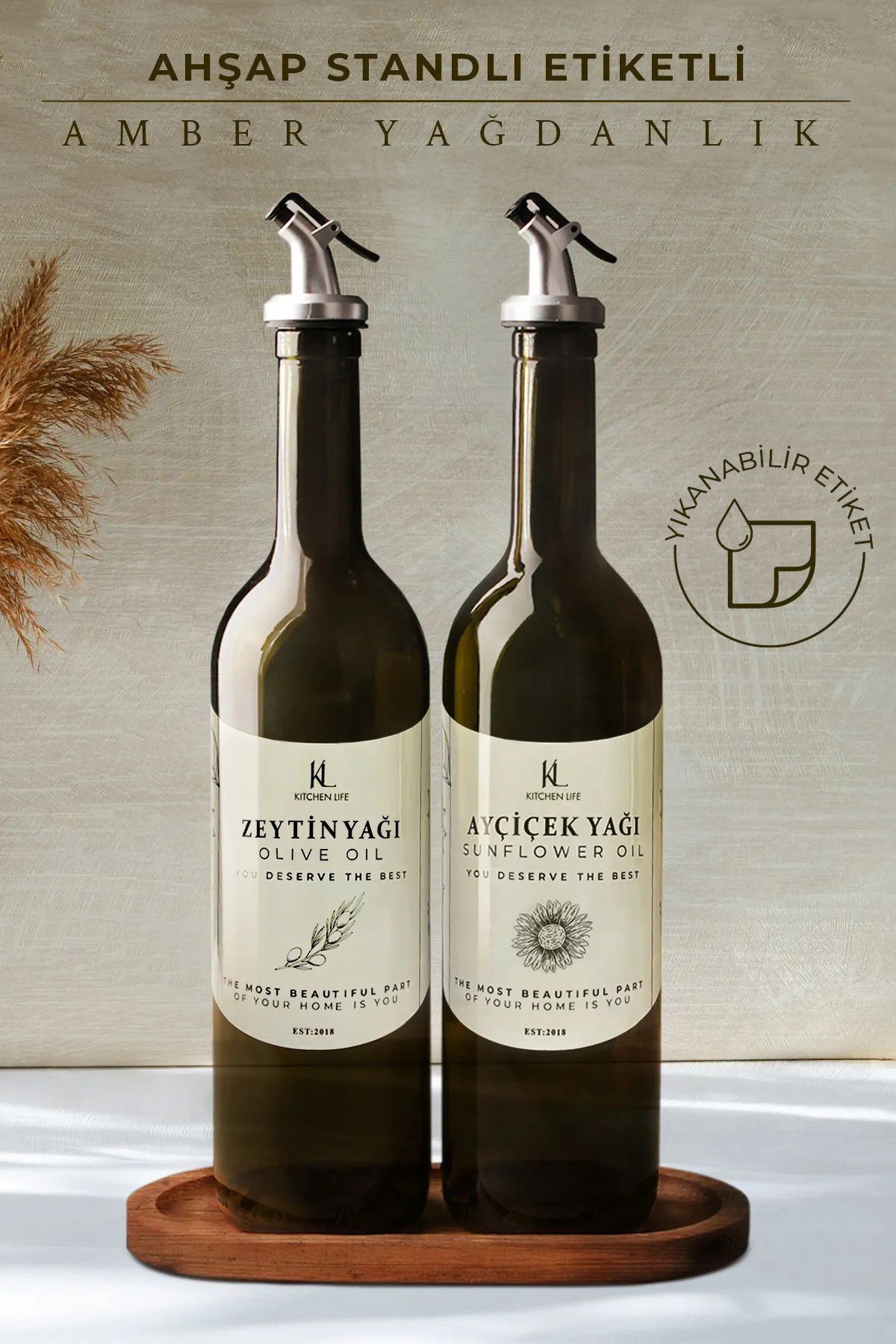 Ahşap Standlı Amber 2'li 750 ml Yağlık Seti - Ahşap Altlıklı Etiketli Cam Zeytinyağı Sıvıyağ Şişesi