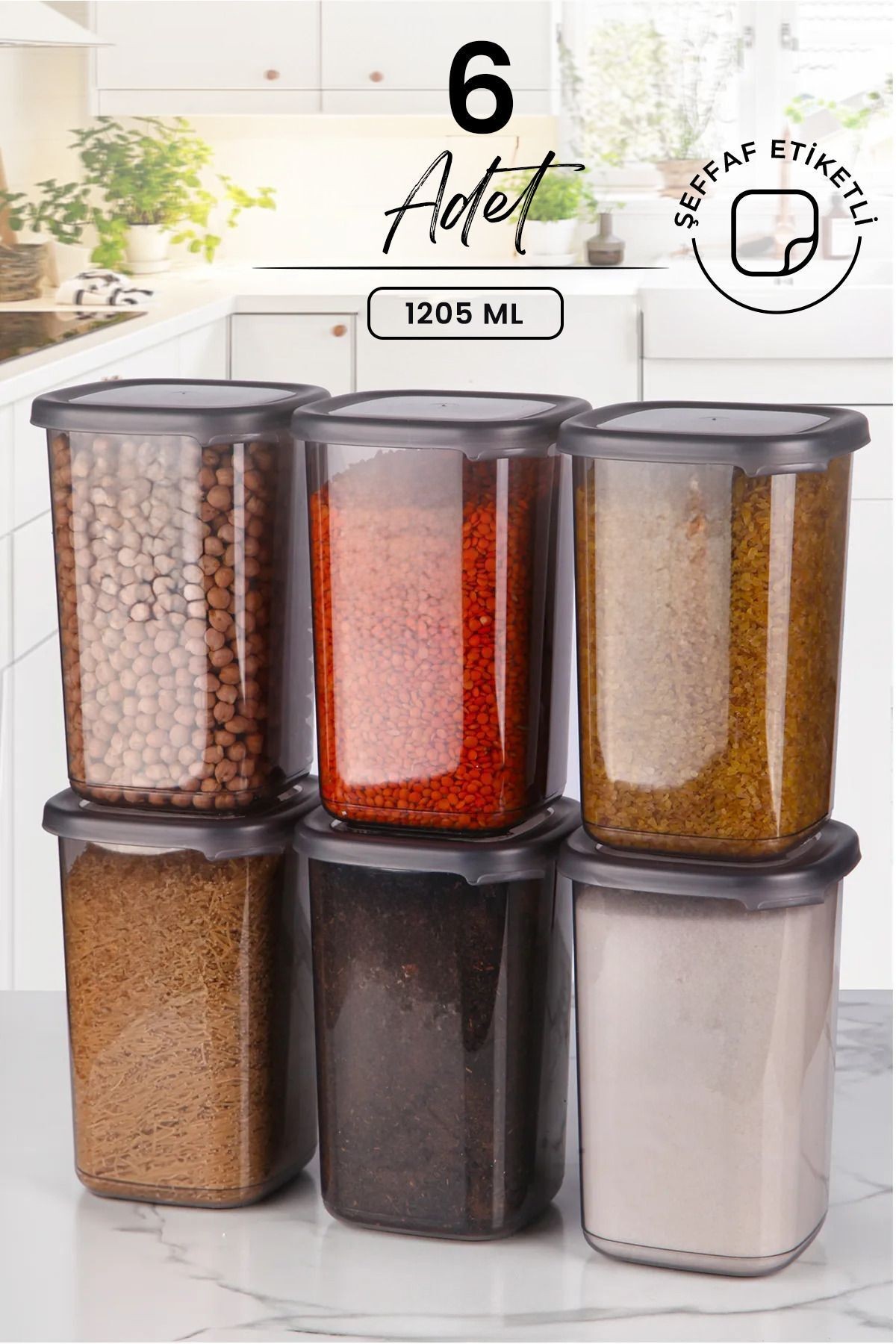 6'lı Etiketli Square Kare Erzak Saklama Kabı Seti 1200 ml - Sert Kapaklı Düzenleyici Kavanoz