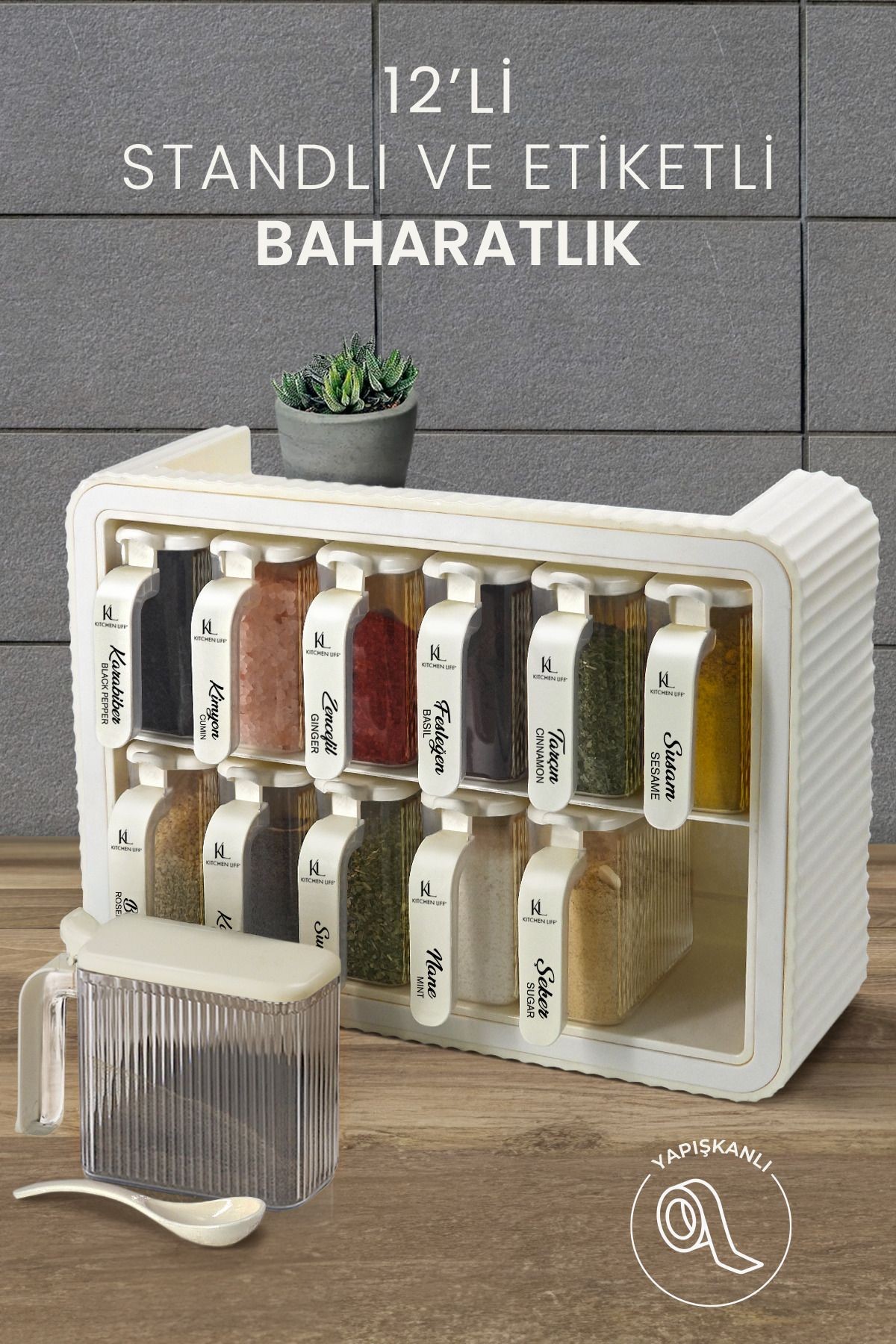 12 li Standlı Kendinden Yapışkanlı Kapaklı Kaşıklı Baharatlık Takımı - Kulplu Baharatlık Standı