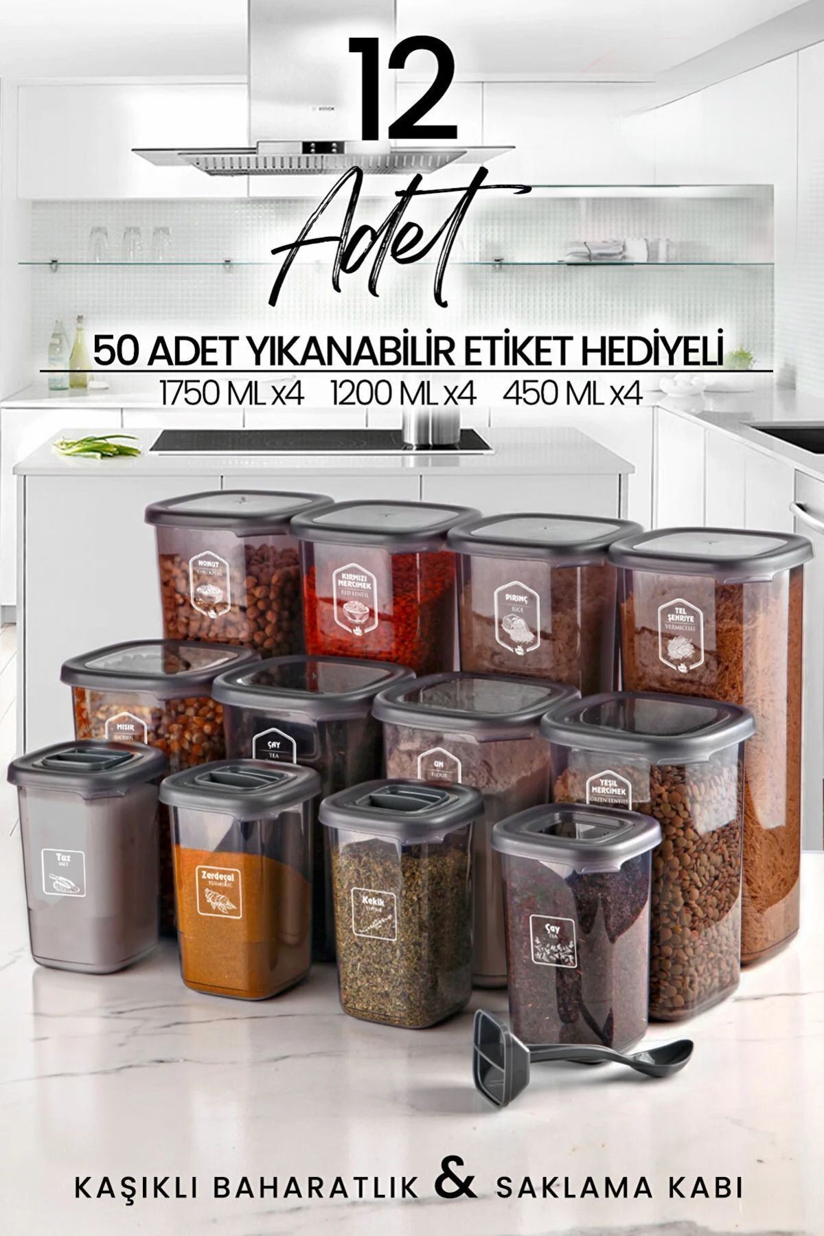 12'li Etiketli Kare Erzak Saklama Kabı ve Kaşıklı Baharatlık Seti (1750ml + 1200ml + 450 ml)