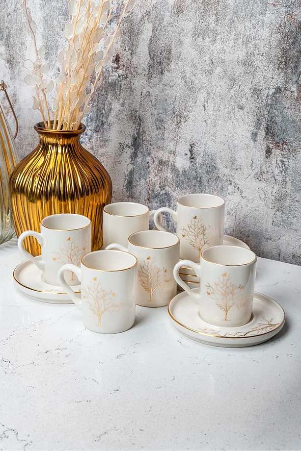 12 Parça 6 Kişilik Hayat Ağacı Kahve Fincan Takımı - Kahve Fincanı Seti 105ml