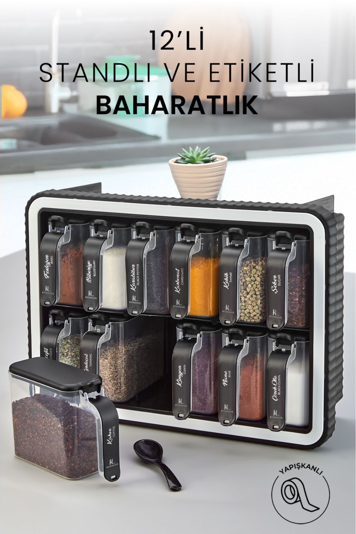 12 li Standlı Kendinden Yapışkanlı Kapaklı Kaşıklı Baharatlık Takımı - Kulplu Baharatlık Standı