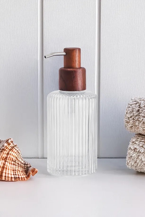 Banyo Mutfak Tezgah Üstü Sıvı Sabunluk - Akasya Kapaklı Cam Sabunluk