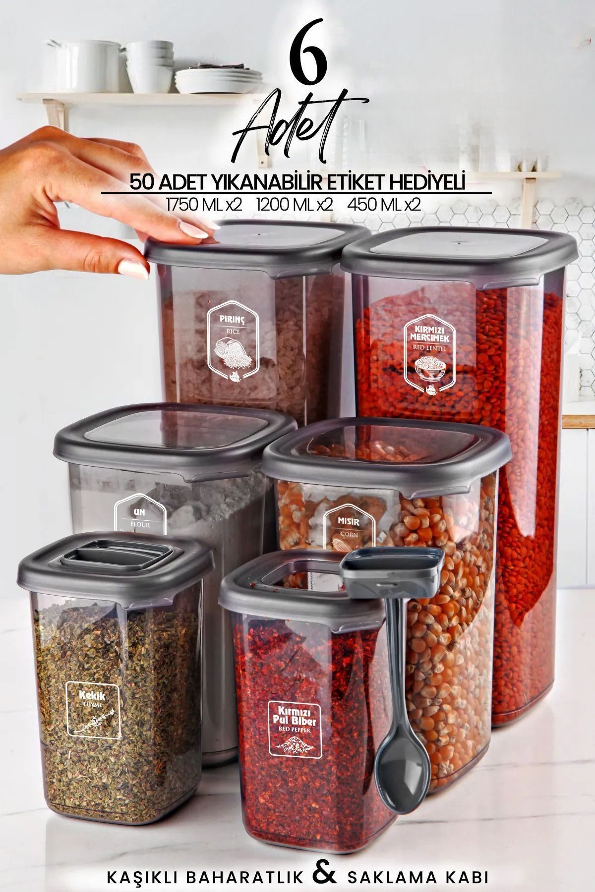 6'lı Etiketli Kare Erzak Saklama Kabı ve Kaşıklı Baharatlık Seti (1750ml + 1200ml + 450 ml)