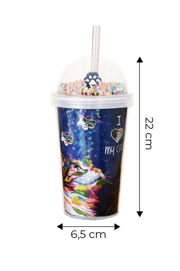  El Yakmaz Çift Katmanlı Neon Kedi Desenli Işıltılı Pipetli Bardak 600 Ml–Eğlenceli İçecek Bardağı