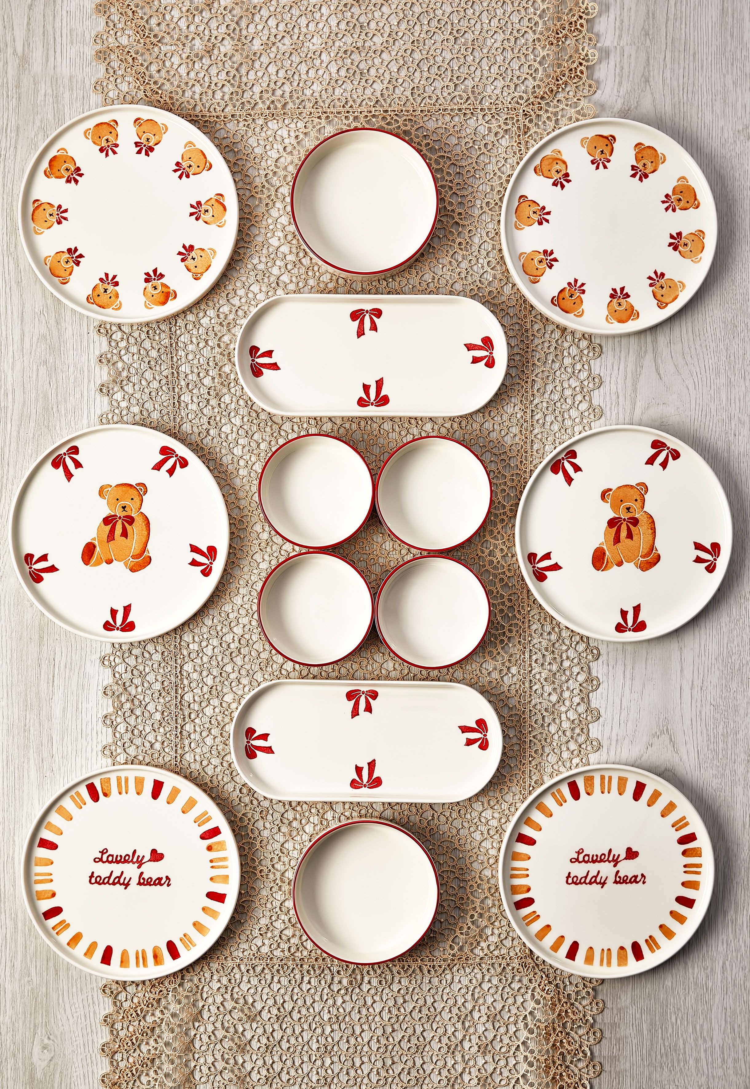 Sevgililer Gününe Özel 14 Parça 6 Kişilik Ayıcık Stackable Kahvaltı Takımı - Kahvaltılık 