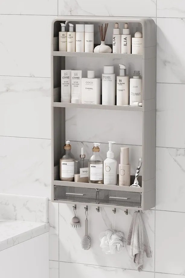 Yapışkanlı Modüler 3 Katlı Banyo Düzenleyici Rafı Organizeri Askılıklı & Çekmeceli Organizer