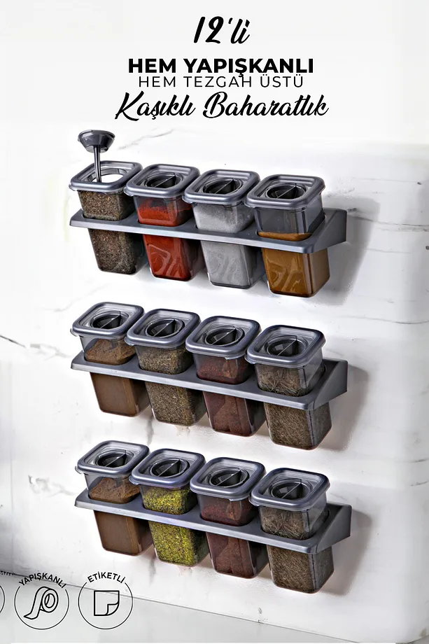 12'li Etiketli Standlı Kilitli Kaşıklı Yapışkanlı Kare Baharatlık Takımı - Erzak Saklama Kabı Seti