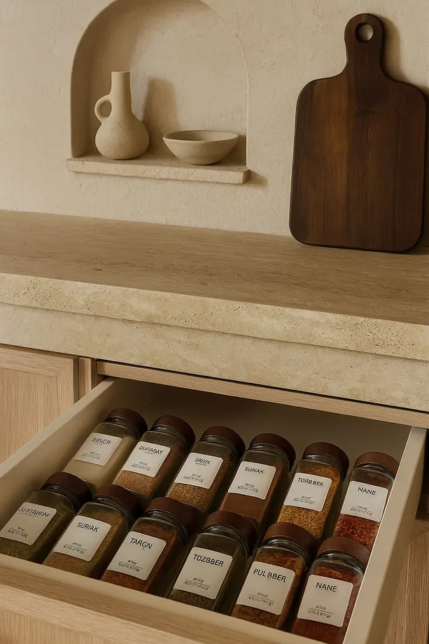 12'li Akasya Kapaklı Yuvarlak Cam Baharatlık Takımı / 56 Adet Etiket Hediyeli / 12li Baharatlık Seti