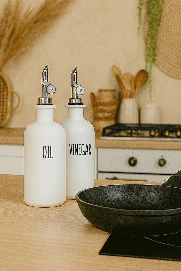 2'Li Akıllı Otomatik Kapaklı Cam Yağlık Sirkelik Seti 500 ml - Nordic Beyaz Yağdanlık Seti