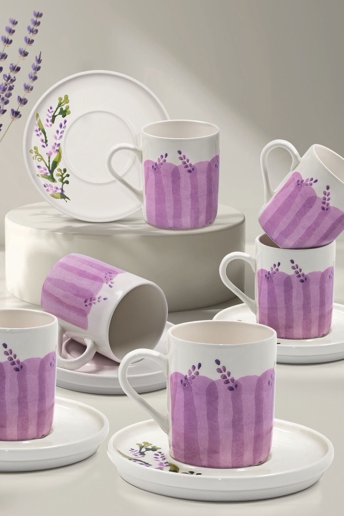 12 Parça 6 Kişilik Handmade Lavanta Kahve Fincan Takımı - El Yapımı Kahve Fincanı Takımı