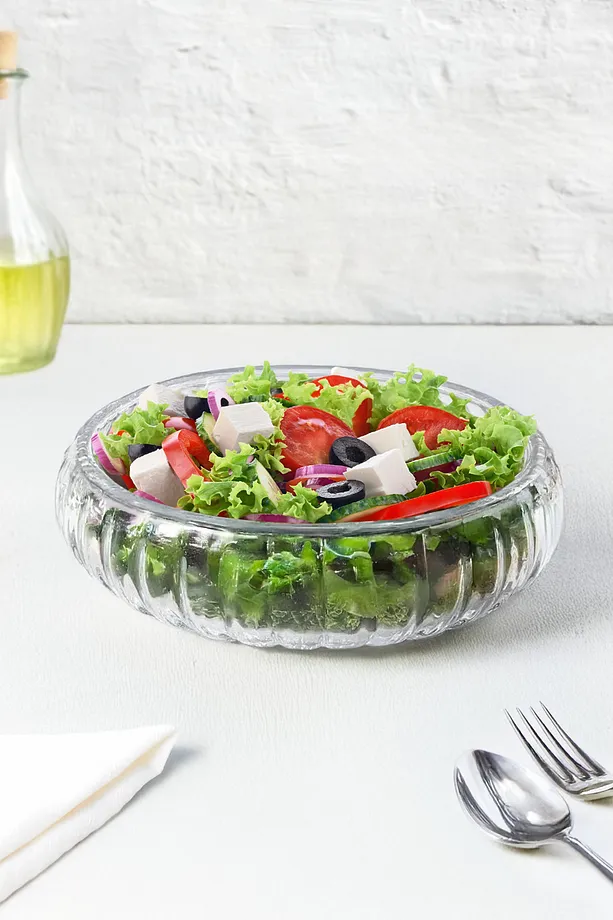 Handmade El Yapımı Çizgili Büyük Boy Cam Salata Kasesi 24 cm