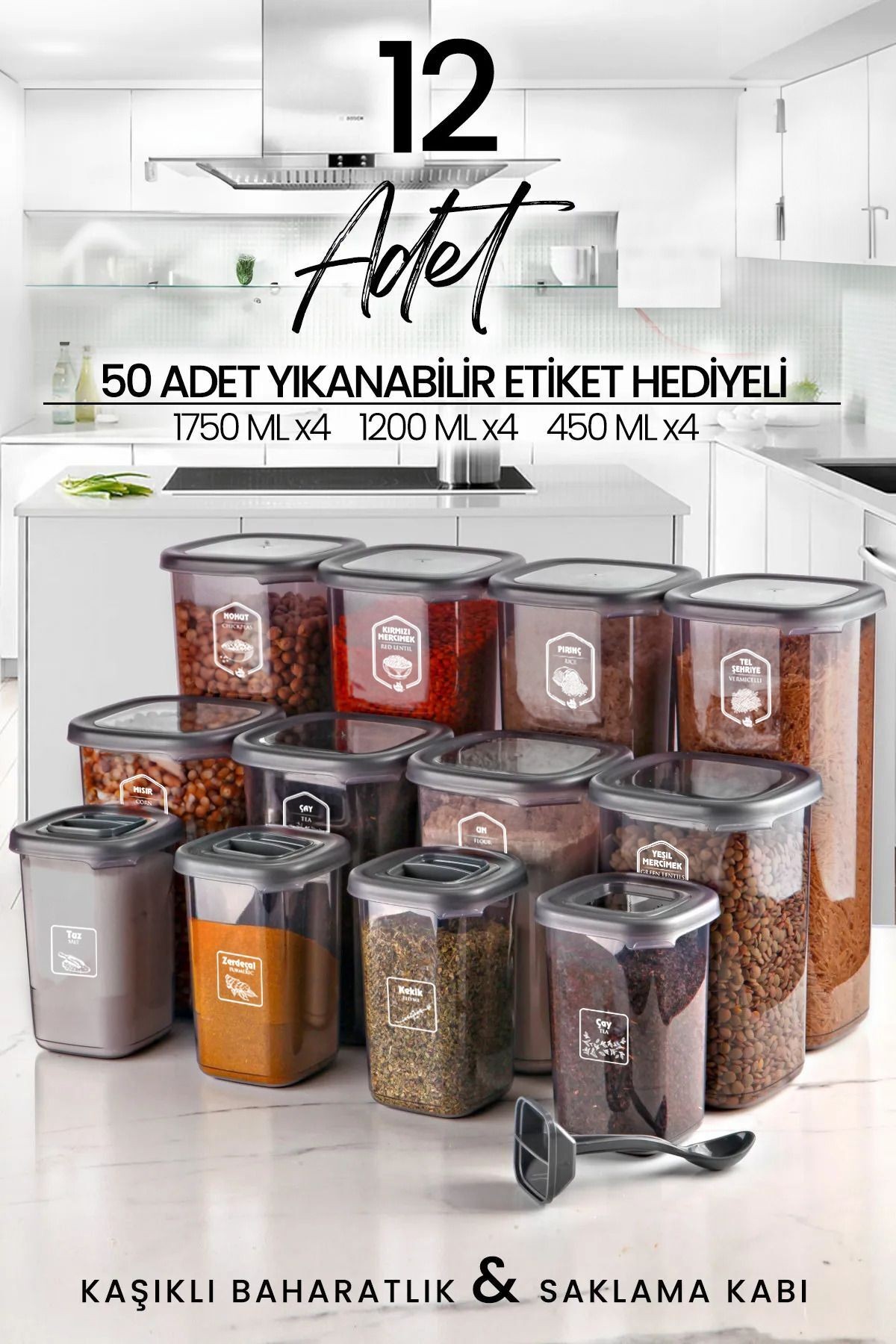 12'li Etiketli Kare Erzak Saklama Kabı ve Kaşıklı Baharatlık Seti (1750ml + 1200ml + 450 ml)