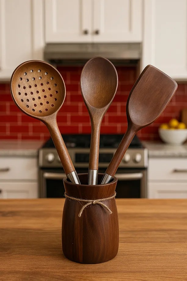  4 Parça Çelik Saplı Akasya Standlı Servis Takımı Akasya Servis Kaşık Spatula Kepçe Seti Servis Seti