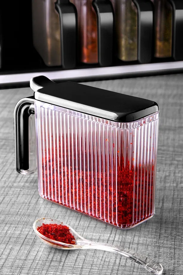 6 lı Standlı Kendinden Yapışkanlı Kapaklı Kaşıklı Baharatlık Takımı - Kulplu Baharatlık Standı