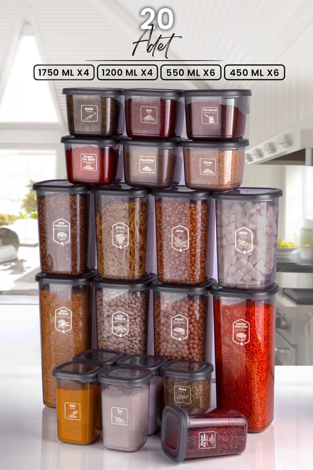 20 li Etiketli Kare Saklama Kabı Erzak Kabı Seti 4x (1750ml 6x - 1200ml 4x - 550ml  - 6x 450ml)