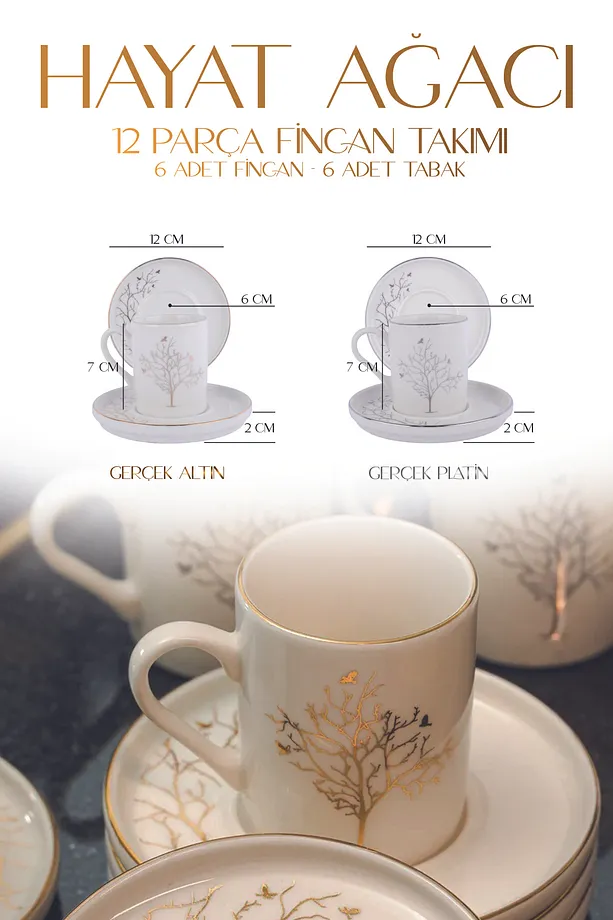 Hayat Ağacı 12 Parça 6 Kişilik Altın Yaldız 80 ml Porselen Kahve Fincan Takımı
