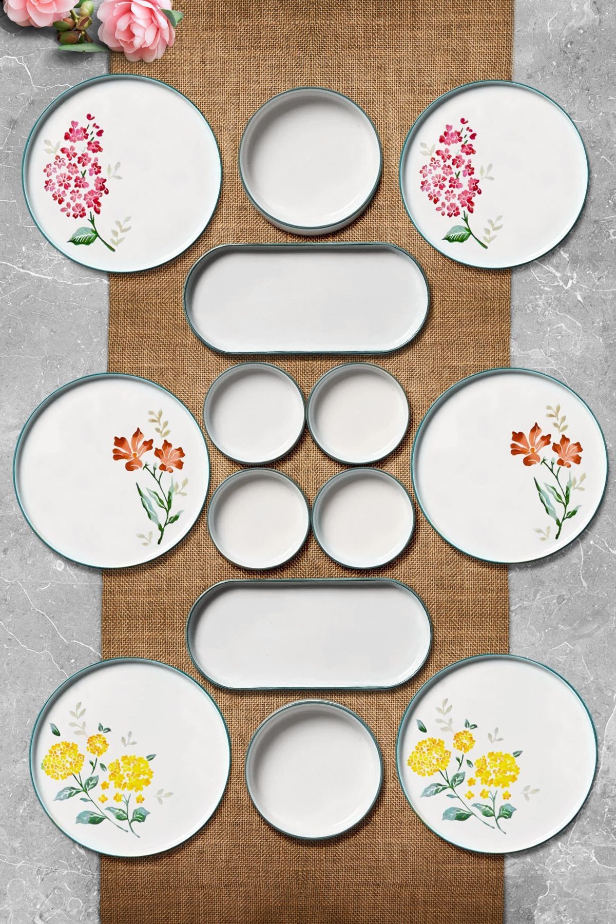 14 Parça 6 Kişilik Flowers Stackable Kahvaltı Takımı - Lüx Kahvaltılık Sunum Seti Tabağı