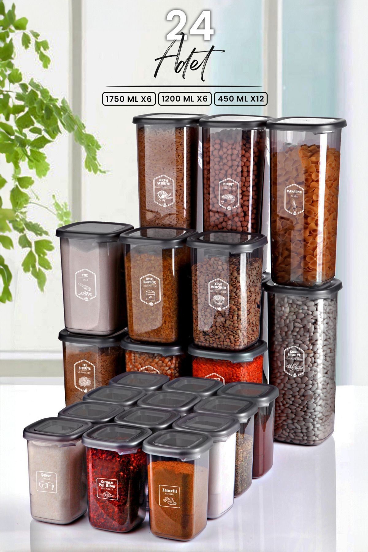 24'lü Etiketli Modernity Kare Erzak Saklama Kabı Seti (1750ml x6 - 1200ml x6 - 450ml x12) Baharatlık