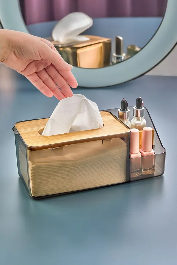 Bambu Kapaklı Banyo Peçetelik Organizeri / Z Peçete Uyumlu Düzenleyici