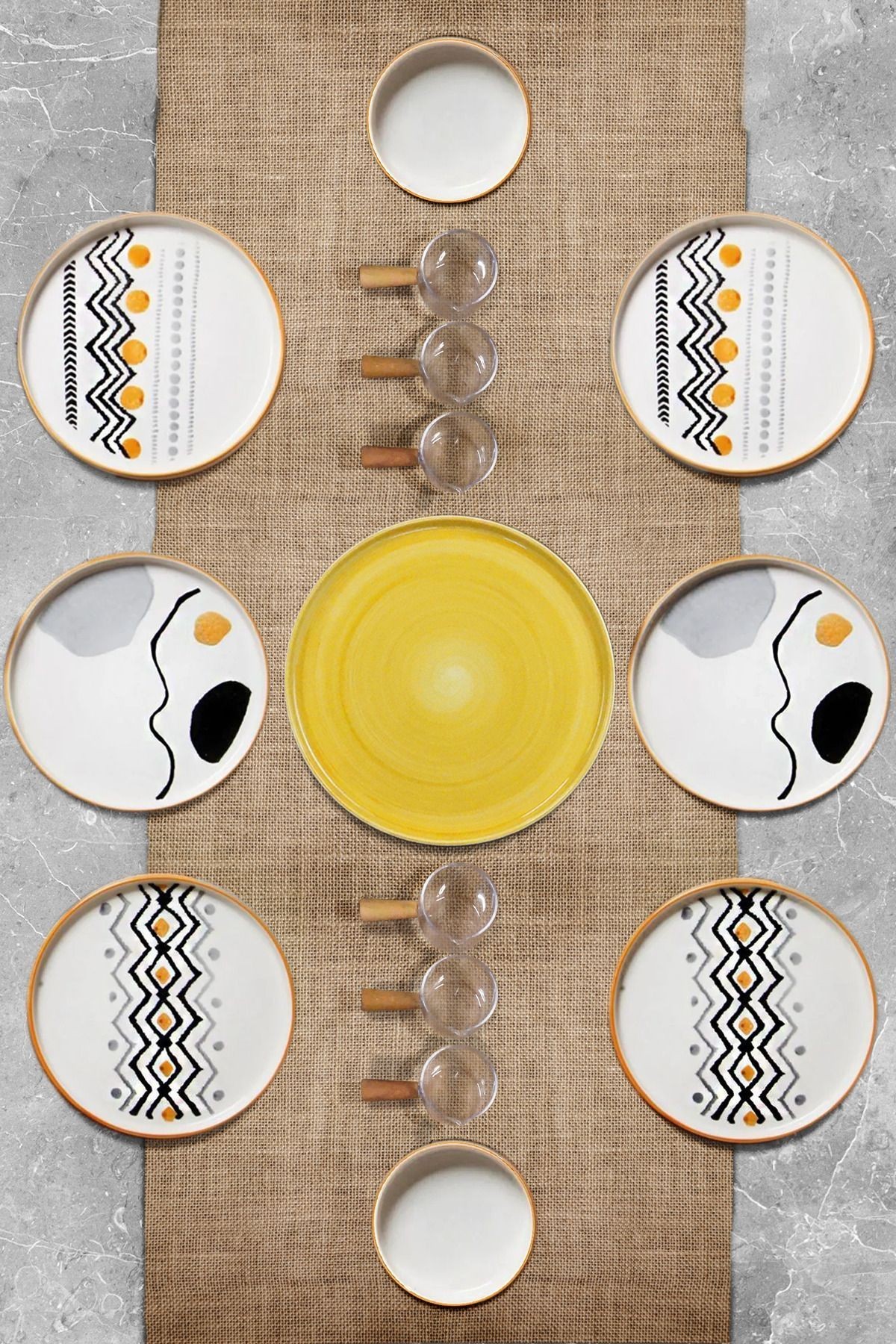 15 Parça 6 Kişilik Axial Stackable Kahvaltı Takımı - Sosluklu Kahvaltılık Sunum Seti Tabağı
