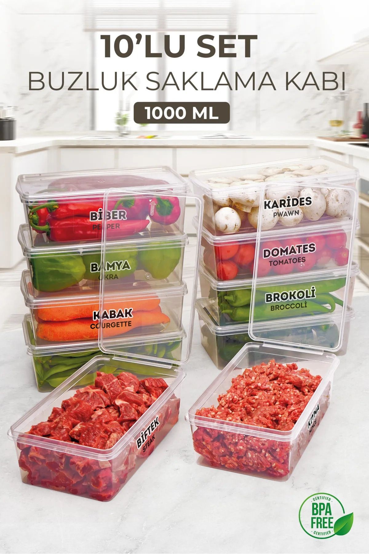 10 Adet 1000ml Kapaklı Derin Dondurucu Difriz Saklama Kabı - Buzdolabı Düzenleyici Buzluk Erzak Kabı
