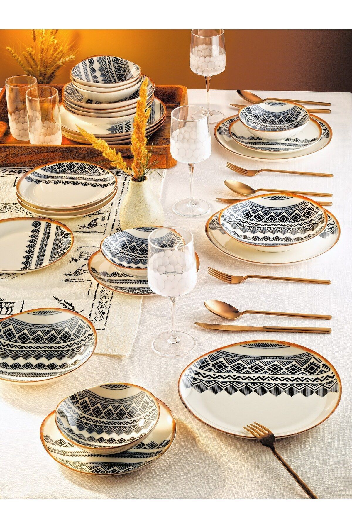 Modern Ethnic 24 Parça 6 Kişilik Porselen Yemek Takımı - Pasta , Çorba ,Yemek , Servis Tabağı
