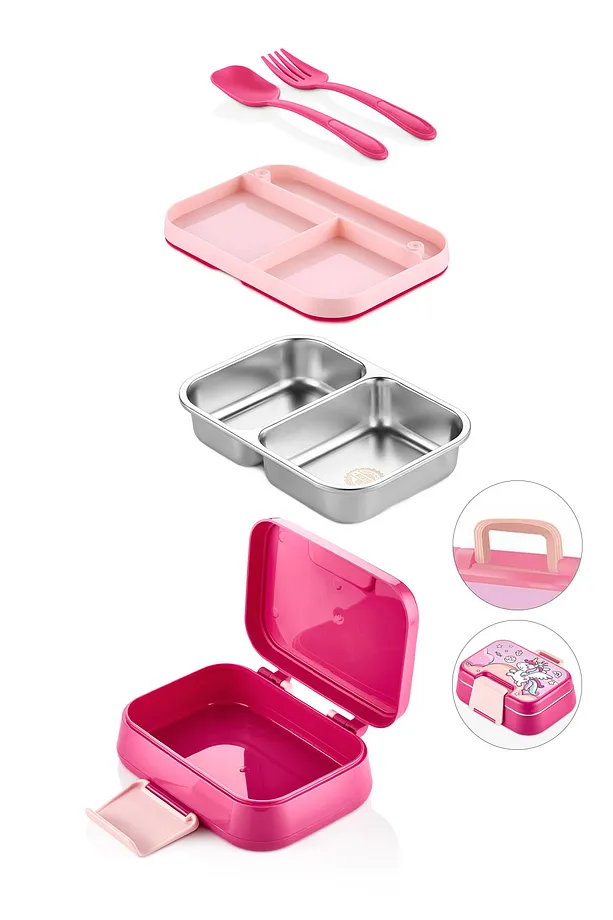 Happii Vakumlu 4 Bölmeli Paslanmaz Çelik Çocuk Beslenme Kabı - Unicorn Desenli Yemek Kutusu