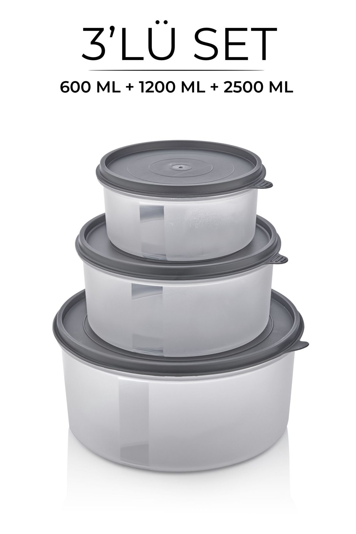 Aura 3 Boy Kapaklı Yuvarlak Saklama Kabı Seti  - Buzdolabı Düzenleyici  (600ml - 1200ml - 2500ml)