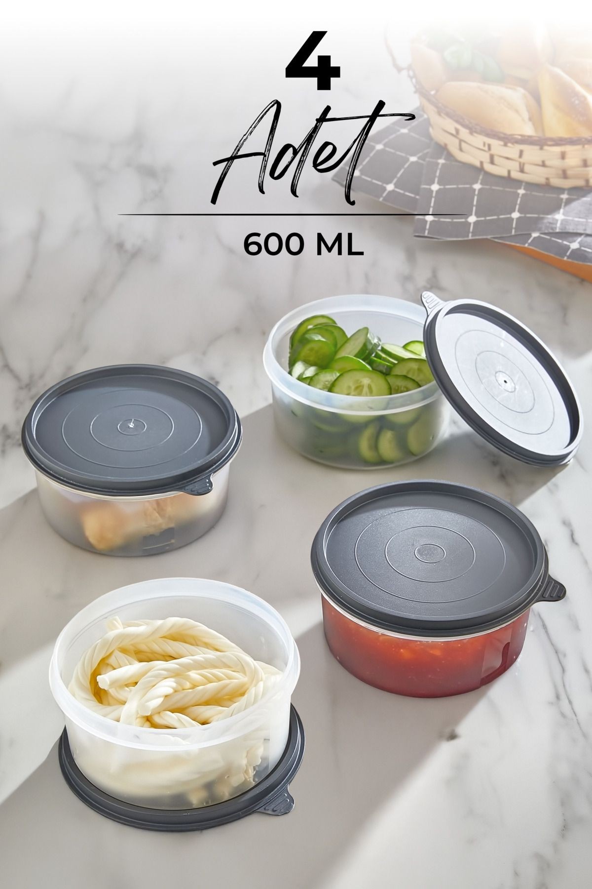 Aura 4'lü Yuvarlak Kahvaltılık Saklama Kabı Seti  600ml x4