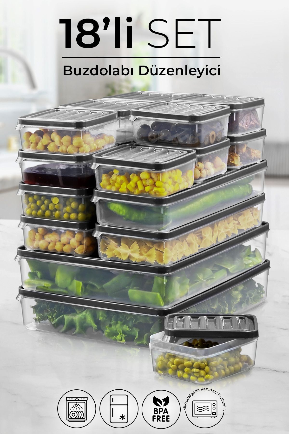 18 li Buzdolabı ve Mikrodalga Saklama Kabı - Buzdolabı Organizeri ( 250ml x12 +1000ml x4 + 2500mlx2 )