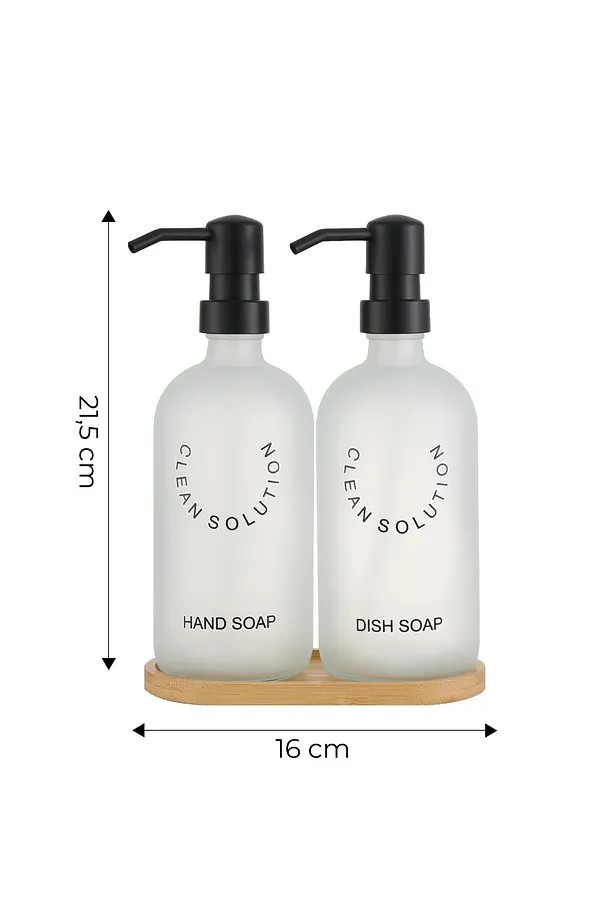 2' li Amber Bambu Altlıklı Cam Sıvı Sabunluk Seti 500 ml - Bambu Standlı Sabunluk Seti