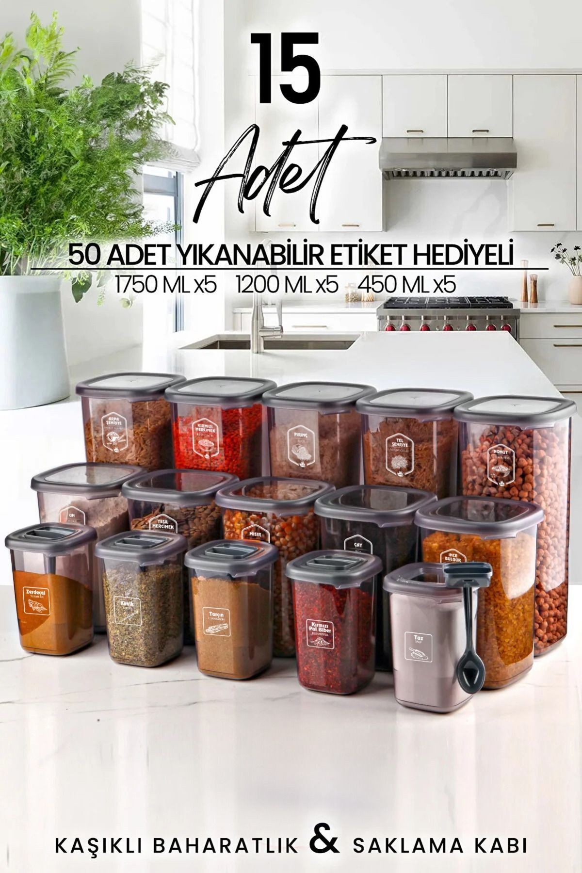 15'li Etiketli Kare Erzak Saklama Kabı ve Kaşıklı Baharatlık Seti - (1750ml + 1200ml + 450 ml)